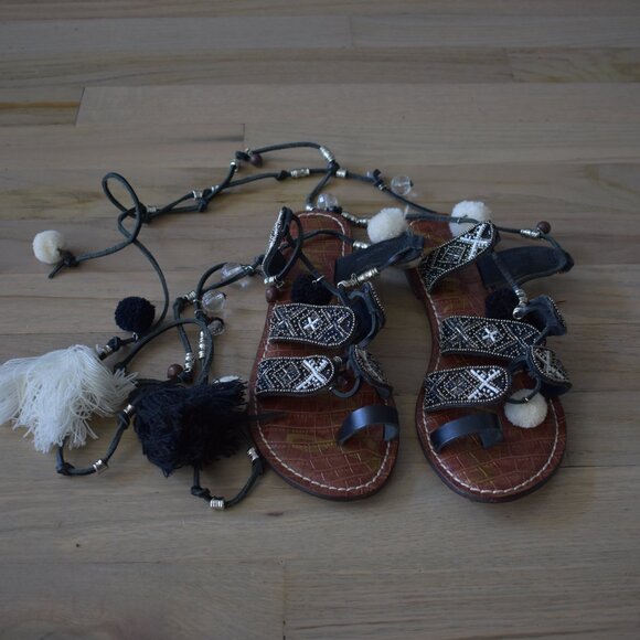 Sam Edelman Womens Beaded Flat Sandals with Ankle Wrap Ties - Picture 8 of 10